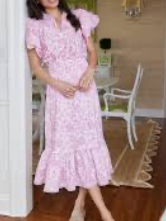 Sail to Sable Dresses & Skirts - Sail to Sable Pink Floral Midi Dress with Ruffle Hem and Flutter Short Sleeves